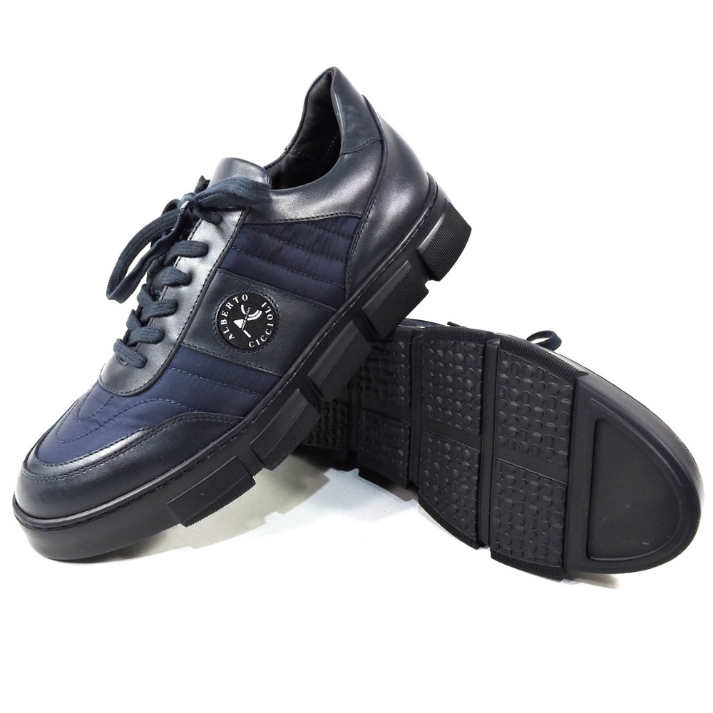 ALBERTO CICCIOLI 🇮🇹 MEN'S  BLUE FABRIC  & BLACK SOFT LEATHER COMFORT SNEAKERS - Picture 7 of 7
